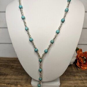 Hand Crafted -Lariat Style Silver Beads & Turquoise color Howlite Stone Necklace